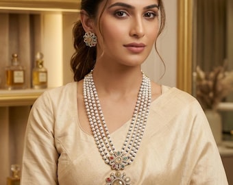 Multi-Layer Pearl Haar Necklace Set with Oval Gemstone Medallion Pendant & Matching Earrings , Indian Festive and Bridal Jewelry.