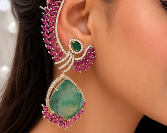 Royal Emerald Pink Ear Cuff Earrings, Statement Indian Earrings, CZ Leaf Ear Climber, Bridal Party Jewelry, Festive Wear Earrings.