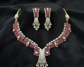 Royal Ruby & CZ Choker Necklace Set | Premium Gold-Plated Bridal Jewelry Set/ Gift For Her/ Indian Wedding