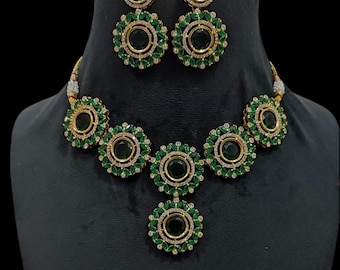 Green Kundan Necklace Set | Bollywood Style Indian Bridal Jewelry | Gold Plated Traditional Necklace Earrings
