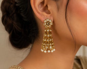 Gold Plated Kundan Jhumka Earrings for Women | Pearl Drop Indian Earrings | Bridal Wedding Jewelry | Traditional Ethnic Earrings