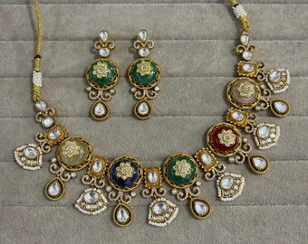 Handmade Kundan Moissanite Necklace Set, Indian Bridal Jewelry