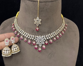 Diamond CZ Necklace Set with Matching Earrings & Tikka Pink Stones, Indian Bridal Jewelry Set, Wedding Jewelry Necklace