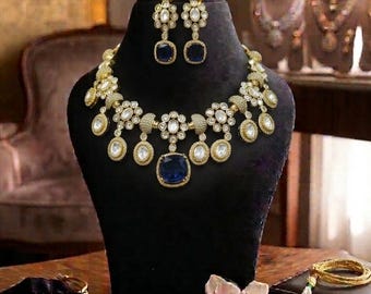 Royal Blue Polki Necklace Set With Monalisa Colour stone, Luxury For Indian Bridal Jewellery.