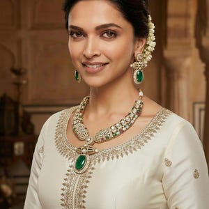 May include: A woman wearing a cream-colored dress and elaborate jewelry. The jewelry includes a necklace with a large green oval stone pendant, matching earrings, and a decorative headpiece. The dress has gold embroidery.