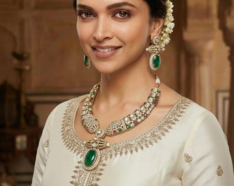 Smaragdgrüne Kundan Halsketten-Set mit passenden Ohrringen, Moissanite Doublet Stone Halsketten-Set, indischer Schmuck Brauthalskette