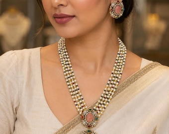 Elegant Multi-Strand Pearl Necklace and Earring Set with Pink Quartz Pendant , Traditional Indian Kundan & Meenakari Style Bridal Jewelry .