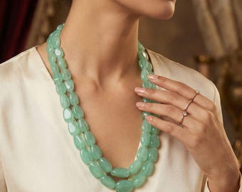 Handmade Serene Mint Green Double-Layered Tumbled Bead Necklace – Elegant Semi-Precious Stone Style.