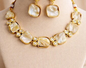 Mother Of Pearl Raugh Choker Necklace Set With Earrings Handmade, Indian Wedding Set, Artisan Gold Jewelry