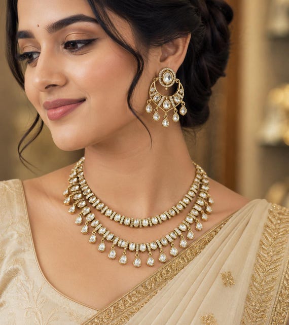 Handcrafted Double Layered Diamond Kundan Polki Necklace With Chandlier Drop Earrings.