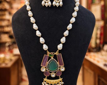Handcrafted Baroque Pearl Necklace Set with Emerald-Green Statement Pendant, Kashmiri style Mala, Luxury for her.