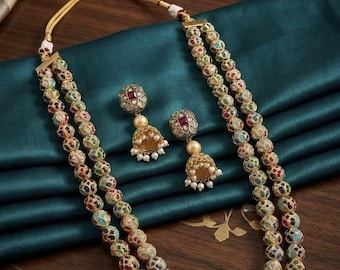 Colorful Kundan Beaded Long Necklace Set with Jhumka Earrings | Traditional Indian Ethnic Jewelry | Multicolor Statement Necklace