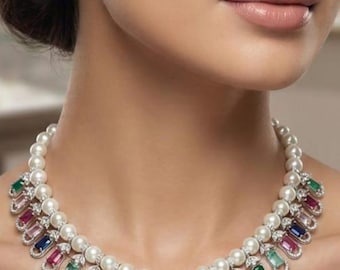 Handmade Kundan Pearl Necklace Set, Indian Bridal Jewelry, Multicolor Ethnic Necklace for Weddings, Festivals, Traditional Occasions