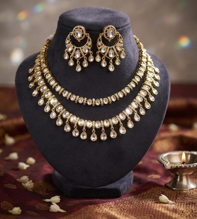May include: A gold-toned jewelry set featuring a two-layered necklace and matching crescent-shaped earrings. Each piece is adorned with clear, oval-cut stones and small, dangling teardrop-shaped pendants, creating a cohesive and ornate appearance.