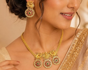 22k Gold Plated Kundan Jewelry Necklace, Lakshmi Design Choker With Earrings, Wedding Jewelry, Indian Jewelry, Gift For Her