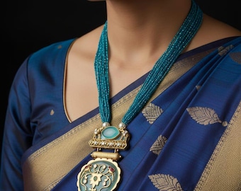 Kundan Pendant Set with Elegant Earrings and Beaded Mala. Handcrafted Kundan Pendant.