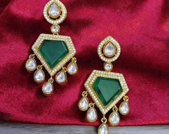 Emerald Green Kundan Dangle Earrings | Gold Plated Indian Statement Earrings | Bridal Polki Earrings. Gift For Her