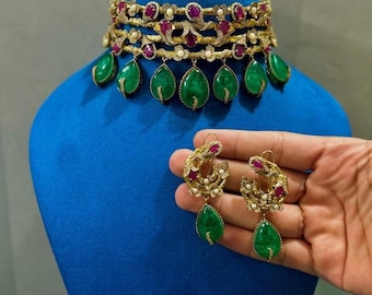 Emerald Green & Ruby Red Kundan Choker Necklace Set | Traditional Indian Bridal Jewelry | Statement Wedding Necklace with Earrings