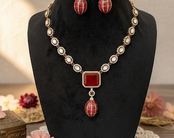 Polki Kundan CZ Pendant With Earrings, Royal Red Crystal Necklace Set, Vintage-Inspired Ruby Stone Necklace Set, Gift For Her