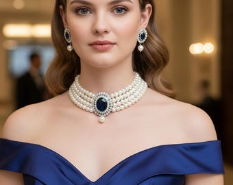 Vintage-Inspired Four-Row Pearl Choker with Majestic Sapphire Blue Centerpiece and Matching Earrings.