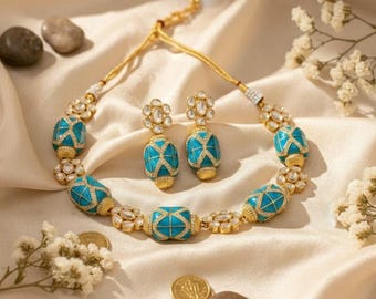 Handcrafted Multicolor Kundan Necklace Set,  Featuring Enamel-Finished Barrel Beads, with silver Tone Detailing and Floral Kundan Accents