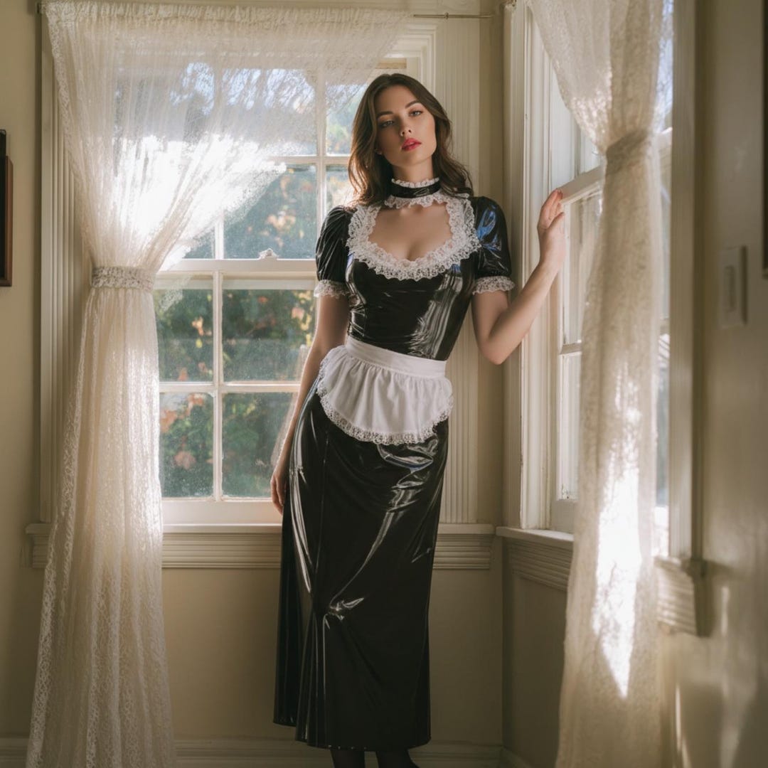 Sissy Lockable PVC Maid Dress Long Sleeve Lace Trim Apron Fetish Lolita ...
