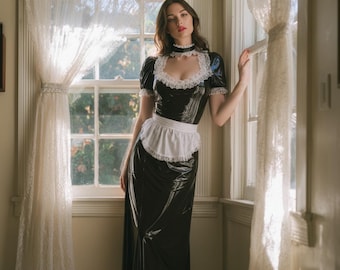 Vestito da cameriera in PVC con lucchetto, maniche lunghe, grembiule con bordi in pizzo, fetish, lolita, cosplay