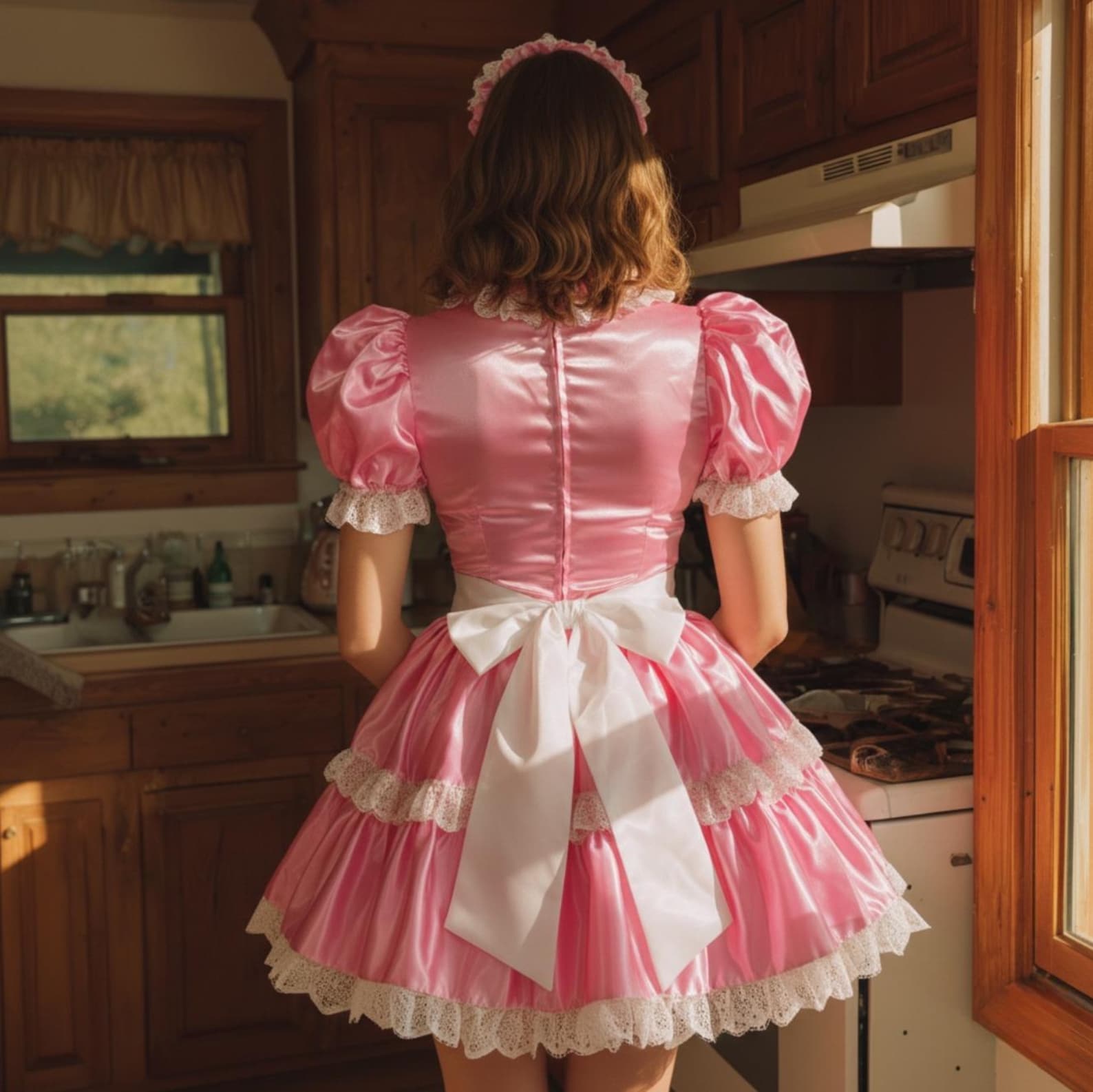 Lockable Pink Satin Sissy Maid Dress Ruffle Lolita Cosplay Outfit ...