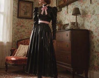Abito lungo da cameriera in PVC stile sissy con chiusura a chiave, Lolita con fiocco lucido, costume da festa/cosplay