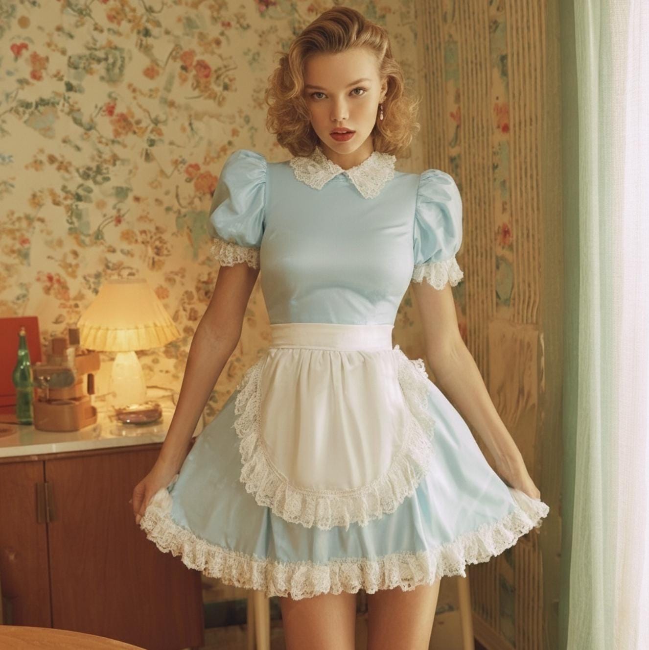 Sissy Lockable Blue Satin French Maid Dress With Lace Apron Puff Sleeve ...