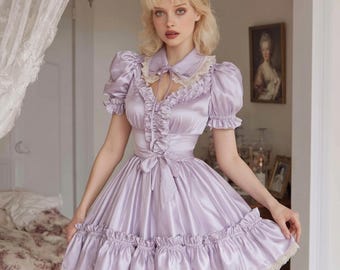 Abito vittoriano Lolita in raso lavanda con maniche a sbuffo, volant e fiocco in pizzo, modello sissy con chiusura a lucchetto, completo da ragazza