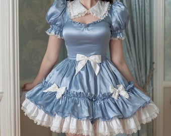 Abito da festa Lolita Cosplay azzurro per ragazza, maniche a sbuffo, abito da ballo con volant e fiocco personalizzato