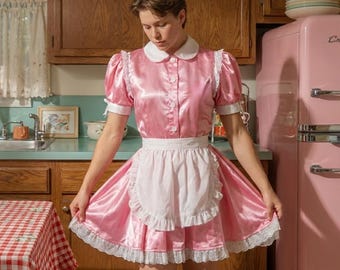 Vestito rosa da femminuccia, grembiule in pizzo bianco e raso, costume da cameriera sexy per Halloween, personalizzato