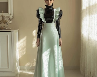 Vestito lungo da cameriera francese Sissy con lucchetto, grembiule in PVC, gotico, travestito, unisex, cosplay, collo alto