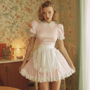 May include: A light pink dress with a white lace collar, puff sleeves, and a white apron. The dress has a fitted bodice and a flared skirt, trimmed with white lace. The dress is a vintage style.