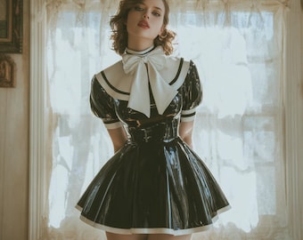 Vestito da cameriera in lattice naturale, nero lucido, con maniche a sbuffo e fiocco, stile Lolita Fetish per feste
