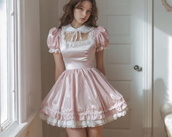 Vestito da cameriera sissy con lucchetto, in raso rosa, con maniche a sbuffo, stile Lolita, taglia personalizzata