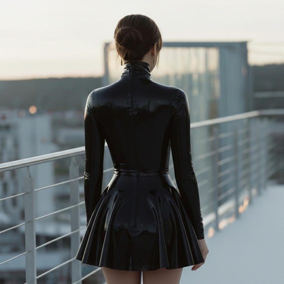 black dress latex Women's Rubber Skater High Neck Mini Outfit Fetish Clubwear gold mini dress was Sleeve Type_Long Sleeve Naomi Osaka Stuns in Neck Size:18.5
