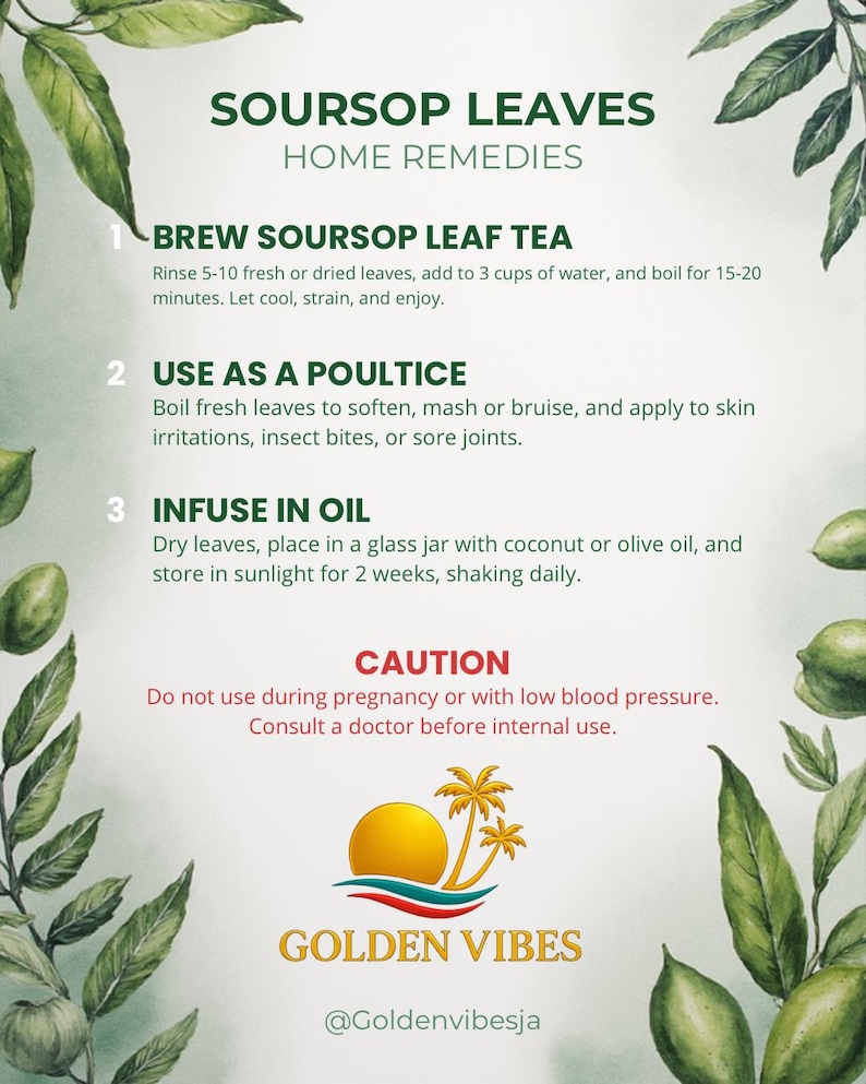 May include: A green and white graphic with text about soursop leaves and home remedies. The text includes instructions for making tea, using as a poultice, and infusing in oil. The image also includes a caution and a logo.