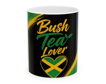 Bush Tea Lover Mug | Jamaican Flag Heart, Green Yellow Black