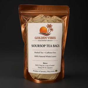 May include: A copper-colored pouch containing soursop tea bags. The label reads "Golden Vibes Island Herbal Collection" and lists "SOURSOP TEA BAGS." It also states the tea is herbal, caffeine-free, and made with 100% natural whole leaves. Instructions are included.