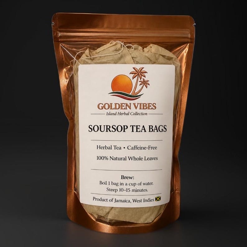 May include: A copper-colored pouch containing soursop tea bags. The label reads "Golden Vibes Island Herbal Collection" and lists "SOURSOP TEA BAGS." It also states the tea is herbal, caffeine-free, and made with 100% natural whole leaves. Instructions are included.