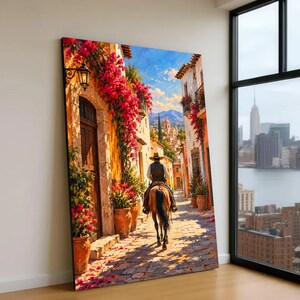 Charming Mexican Village Scene Canvas, Cowboy on Horseback, Rustic Street View Wall Art, Colorful Floral Decor, Vibrant Landscape Canvas