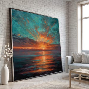 Levendige zonsondergang boven oceaan canvas, dramatische lucht muur kunst, kleurrijk zeegezicht schilderij, reflecterend water scène canvas, interieuraccent