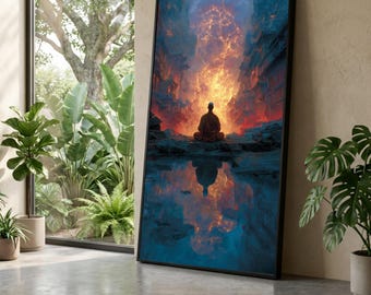 Meditating Monk Silhouette, Fiery Sky Canvas, Spiritual Reflection Art, Tranquil Zen Scene, Mystical Landscape Wall Decor, Calm Meditation