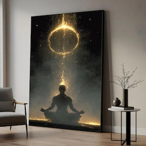 May include: Large framed artwork depicting a meditating figure in a lotus position. The artwork features a glowing golden halo above the figure's head, with light beams emanating downwards. The background is dark with a smoky effect.