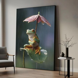 葉っぱの傘を持った風変わりなカエルのキャンバスウォールアート、雨の日の自然装飾、かわいい両生類の野生動物キャンバス、庭の動物アートプリント