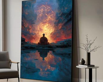 Silueta de monje meditando, lienzo con cielo ardiente, arte de reflexión espiritual, escena zen tranquila, decoración de pared de paisaje místico, meditación serena.