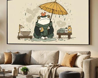 Cute Frog Spa Scene Canvas, Whimsical Animal Art, Relaxing Bath Illustration, Playful Wall Decor, Home Bathroom Canvas Art