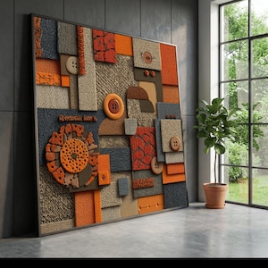 Lienzo de collage textil abstracto, arte mural de técnica mixta, diseño rústico de botones, decoración geométrica moderna para el hogar, arte sobre lienzo con textura textil